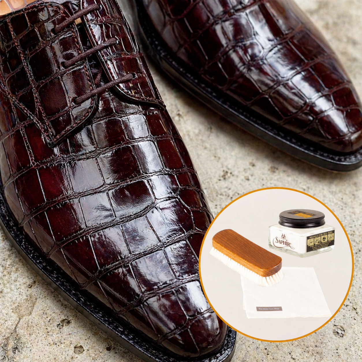 Crocodile leather shoes with suitable shoe care set by The Shoe Care Shop