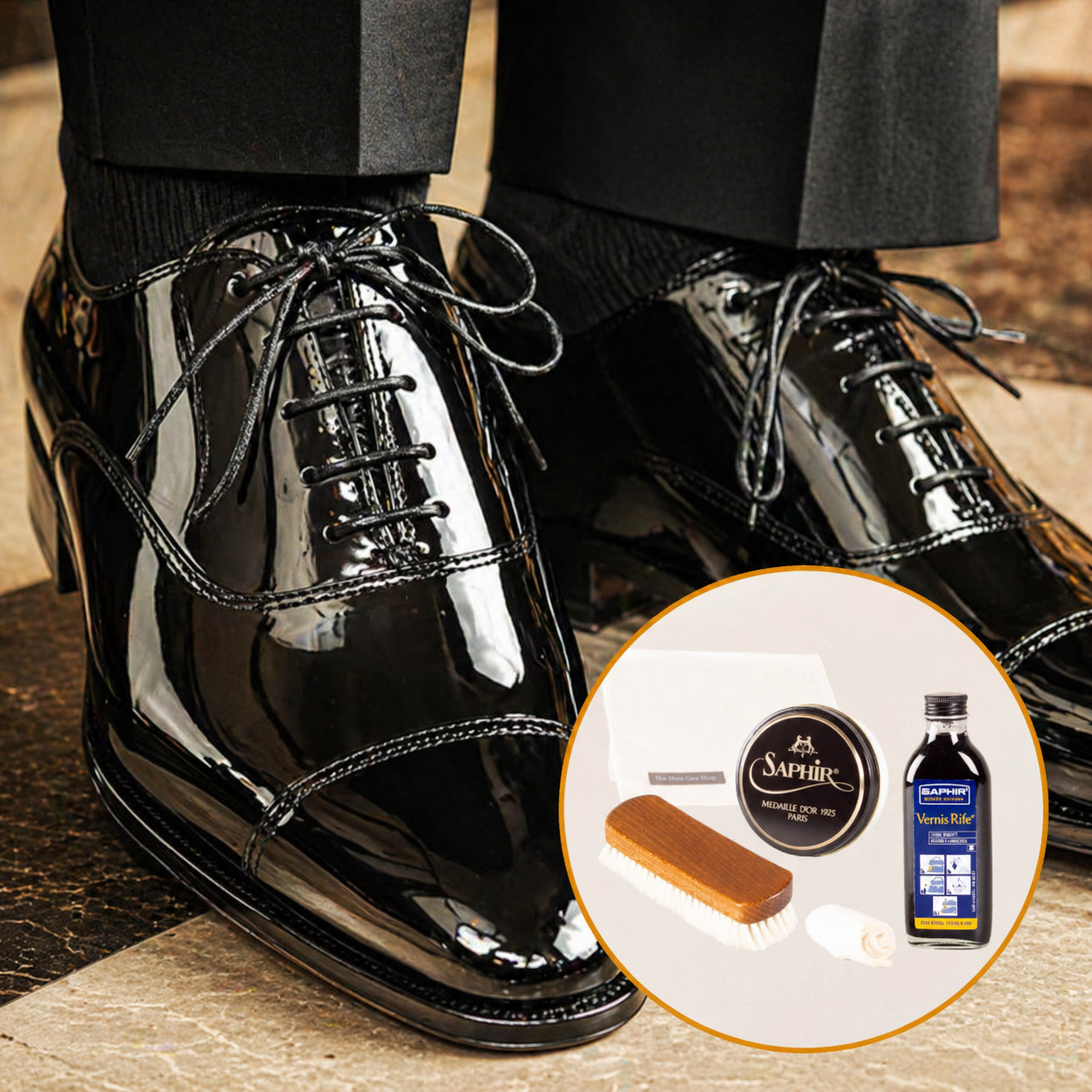 Black patent leather shoes with shoe polish kit by The Shoe Care Shop